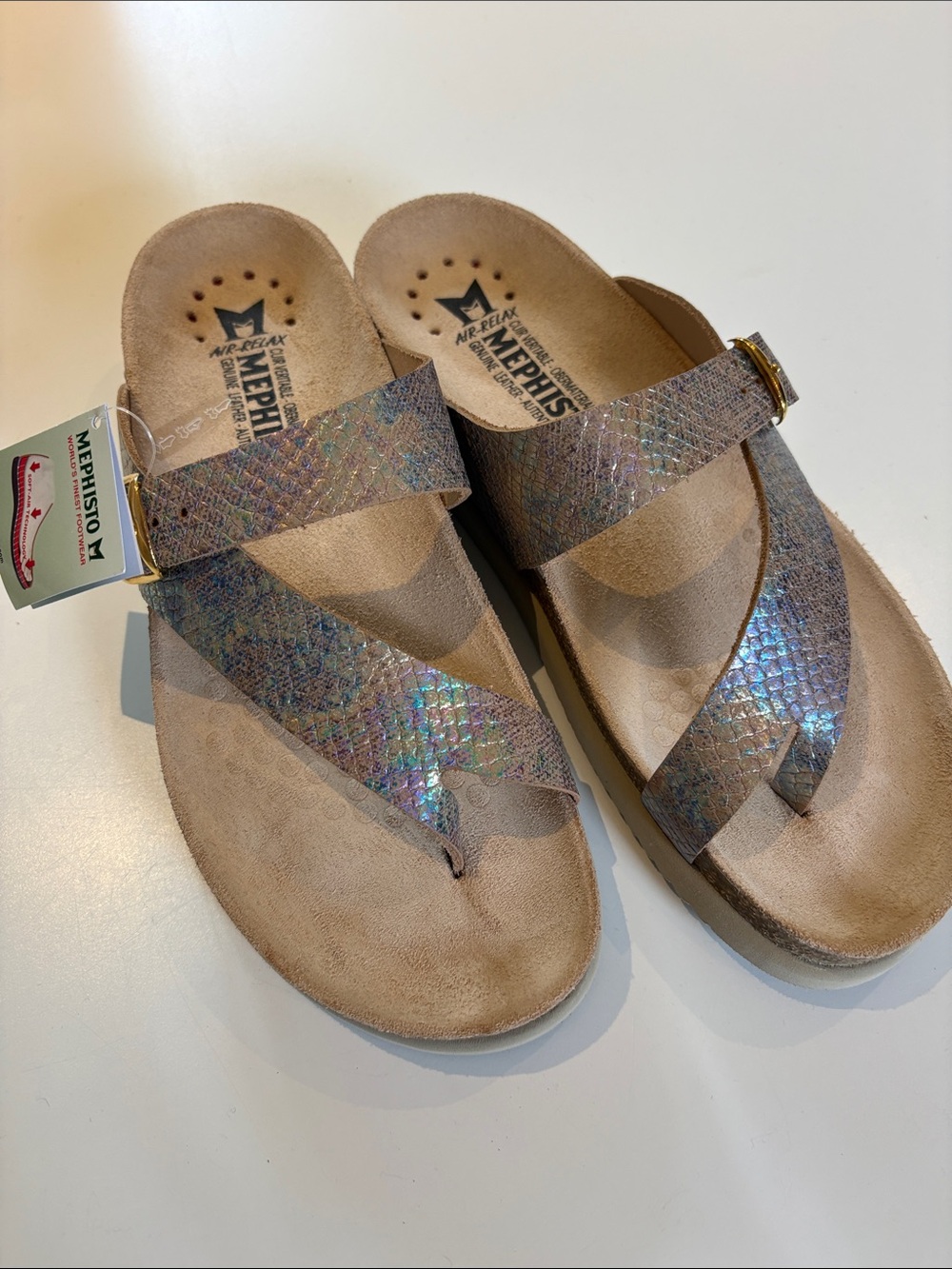 Mephisto Iridescent Multi-Color Snake-Print Toe-Post Sandals